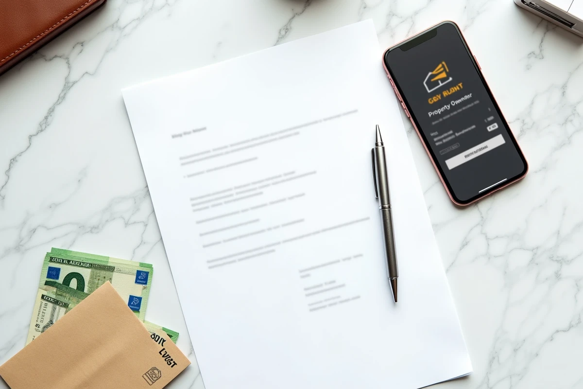 Vue aérienne d'un contrat de gestion locative signé avec des billets en euros et une notification de virement de loyer sur smartphone