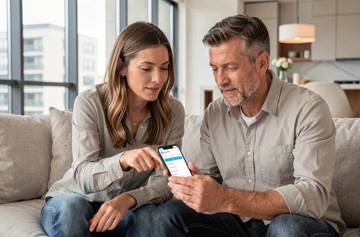 Deux copropriétaires consultant ensemble l'application MyFoncia sur un smartphone dans un salon contemporain