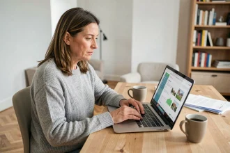 Copropriétaire femme consultant son espace client MyFoncia sur un ordinateur portable dans son appartement moderne