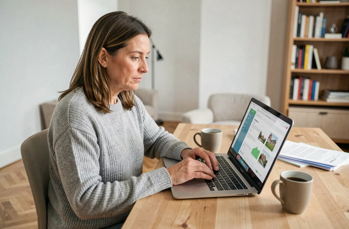 Copropriétaire femme consultant son espace client MyFoncia sur un ordinateur portable dans son appartement moderne