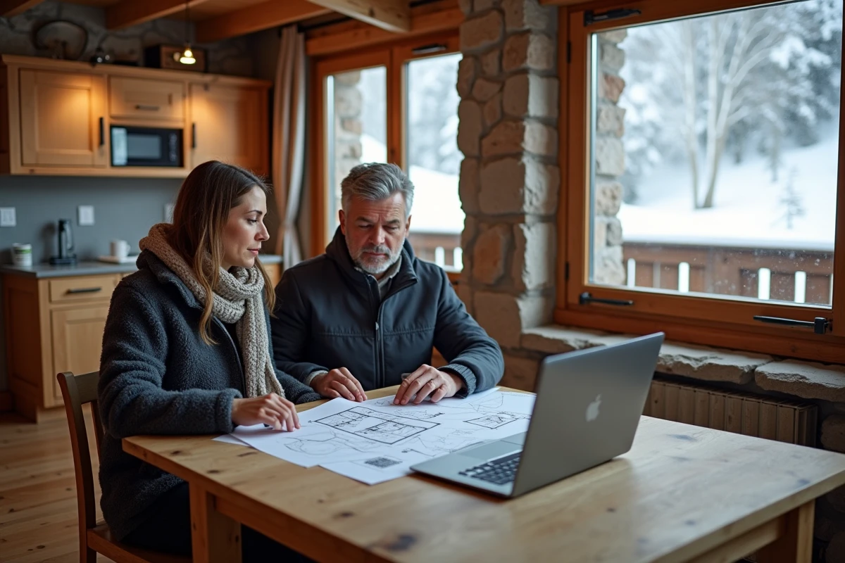 Couple étudiant des plans d'appartement à vendre aux Menuires dans un intérieur alpin chaleureux