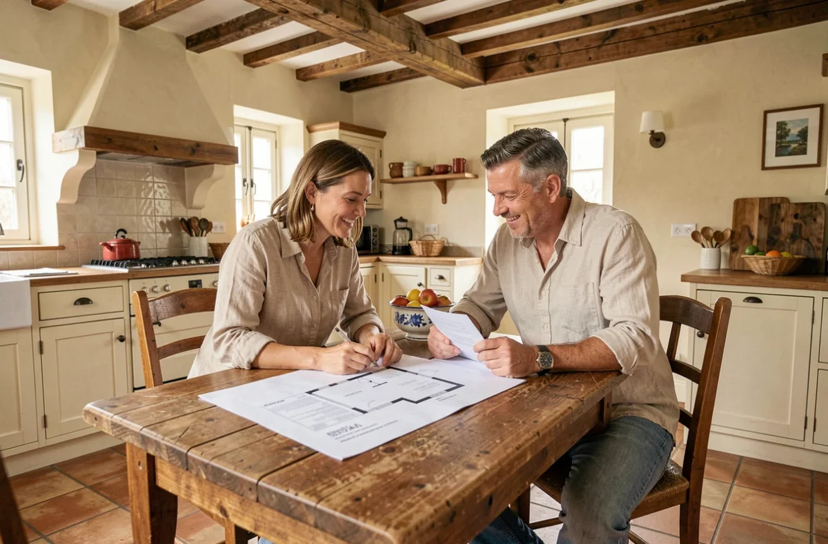 Couple examinant un plan de maison et un dossier de prêt immobilier dans une cuisine française rustique