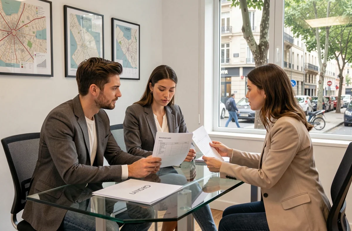 Couple discutant du juste prix d'un loyer avec une agence immobilière à Lyon
