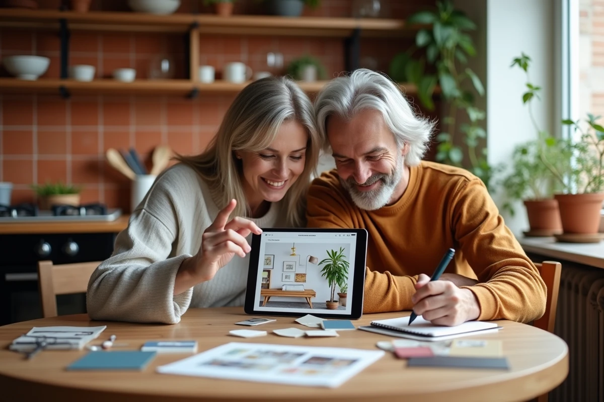 Couple planifiant la redécoration de leur intérieur avec une application mobile autour d'une table avec échantillons de matières