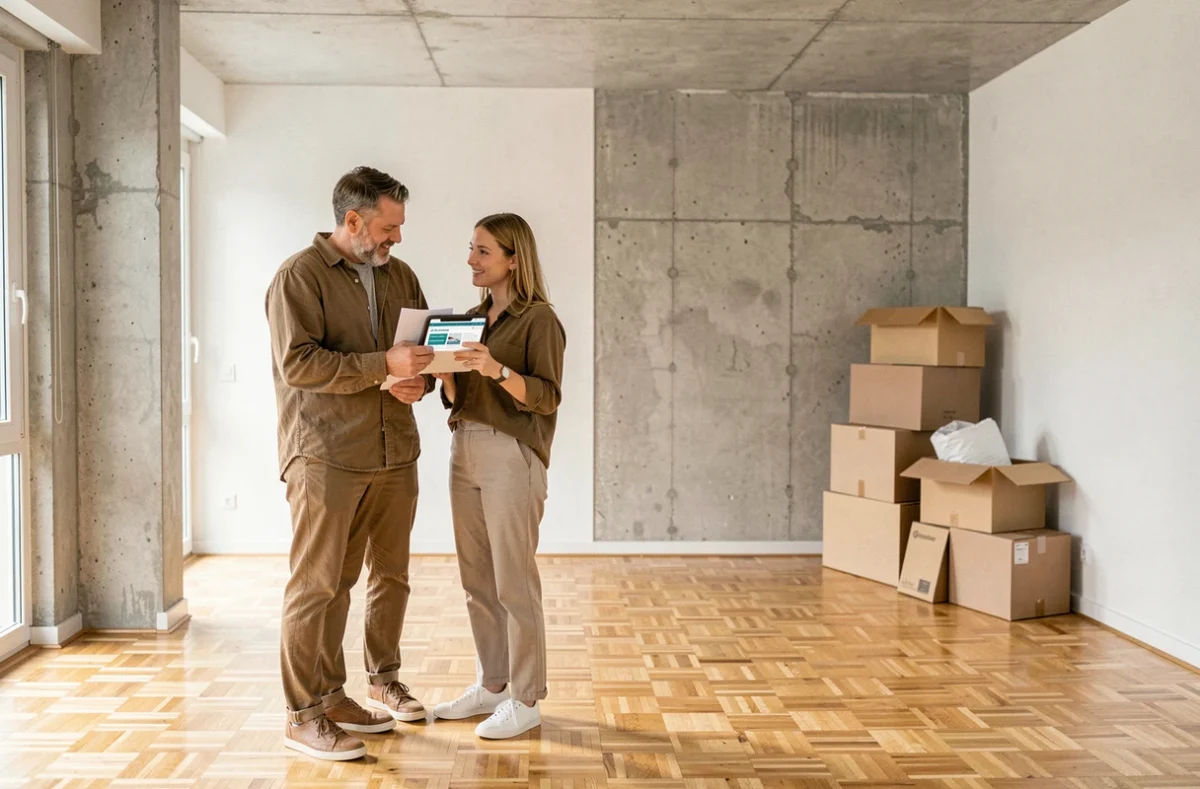 Couple discutant d'une assurance habitation dans un appartement nouvellement emménagé
