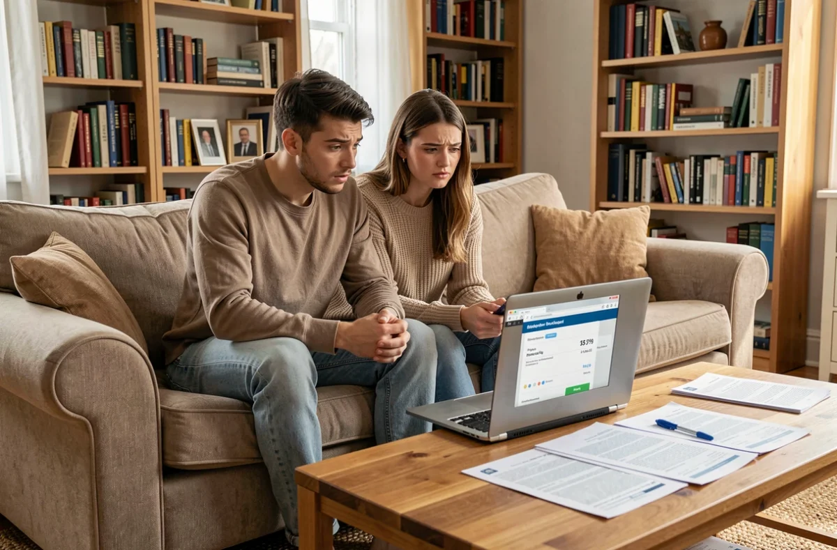 Couple consultant une offre d'assurance habitation avec mois gratuit sur un ordinateur portable dans leur salon