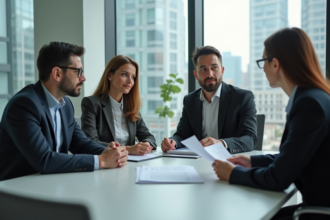 Couple d'adultes avec banquier dans un bureau moderne