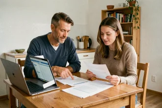 Couple calculant le surloyer HLM sur ordinateur portable avec documents administratifs dans un appartement social