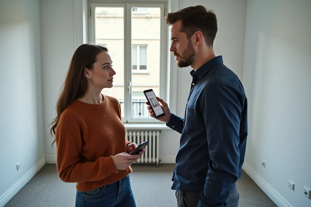 Couple évaluant la taille d'une chambre dans un appartement F3 en location à Paris