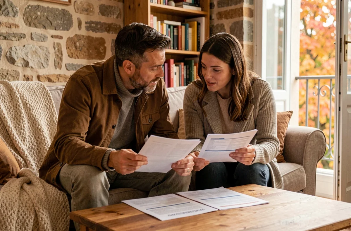 Couple comparant des contrats d'assurance habitation ensemble dans leur salon cosy