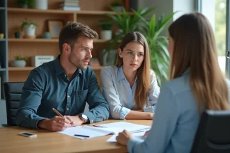 Jeune couple anxieux avec conseiller bancaire en bureau