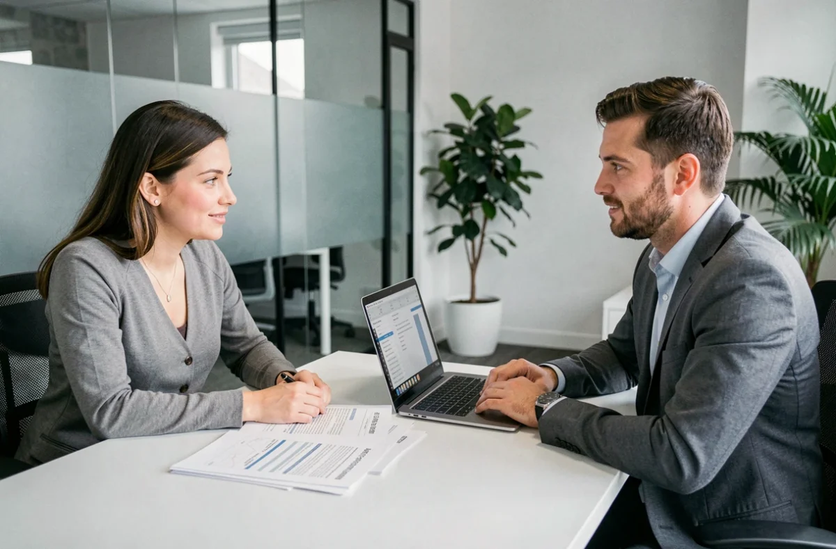 Couple rencontrant un conseiller en assurance habitation pour comparer les offres propriétaire et locataire