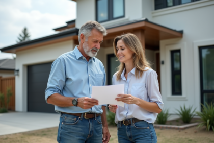 Couple regardant des documents devant une maison moderne neuve