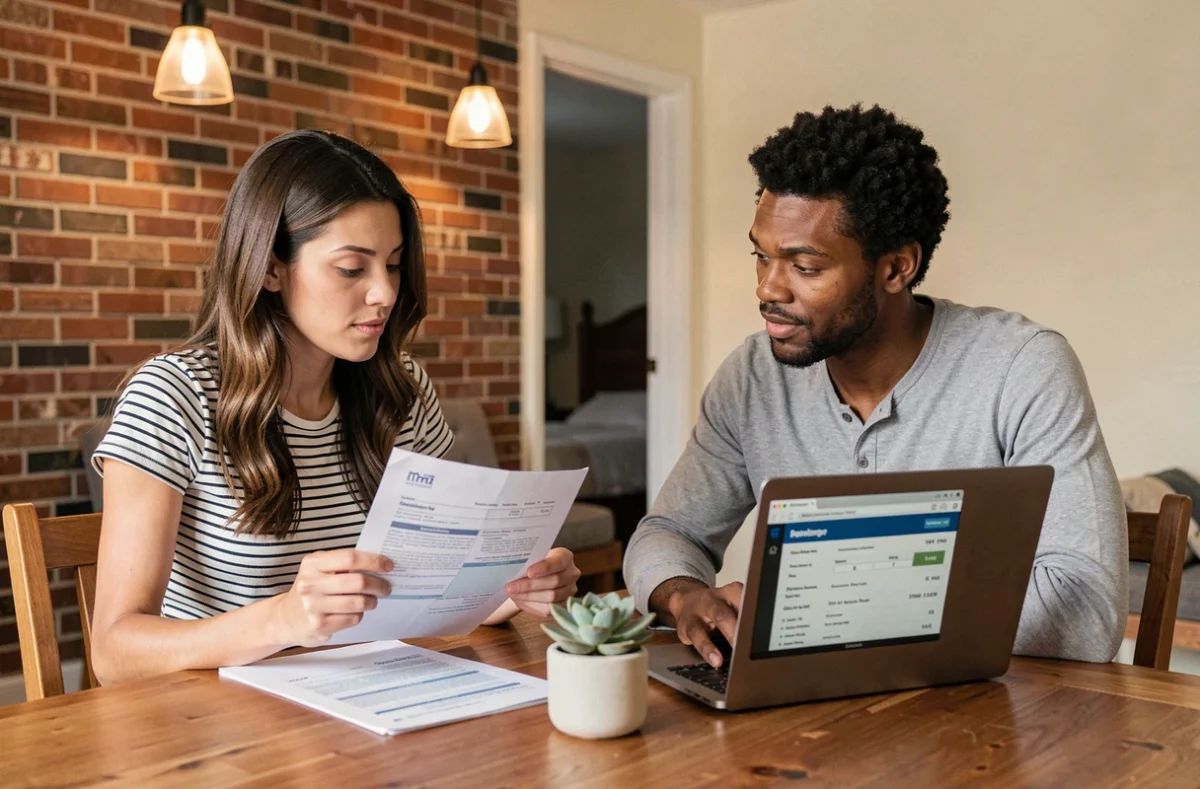 Couple étudiant les garanties d'un contrat d'assurance multirisque habitation à table avec un ordinateur portable