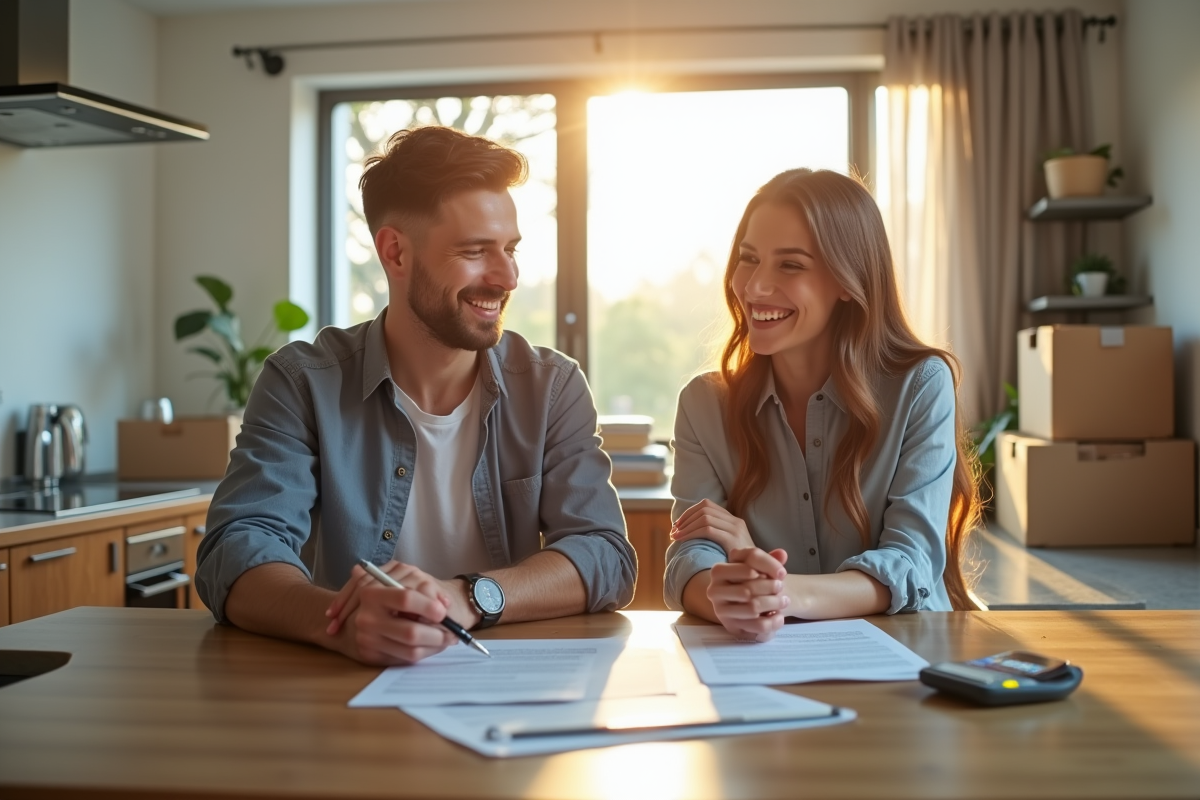 Couple souriant examinant des documents de prêt immobilier