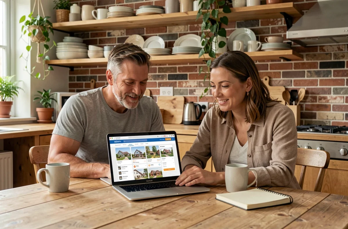 Couple préparant leur annonce Airbnb sur ordinateur dans une cuisine conviviale et authentique