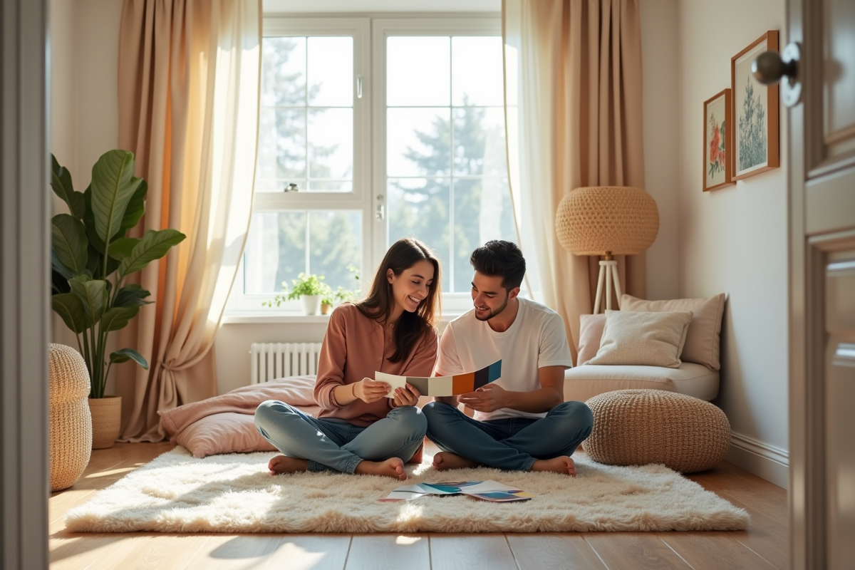 Jeune couple discutant sur un tapis dans une chambre lumineuse