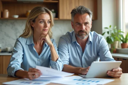 Couple d'adultes examine des documents immobiliers dans une cuisine moderne
