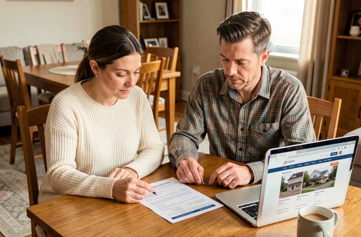 Couple examinant ensemble une lettre de préavis de logement posée sur une table d'appartement après une perte d'emploi