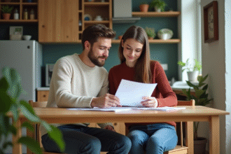 Jeune couple étudiant des documents financiers dans une cuisine lumineuse
