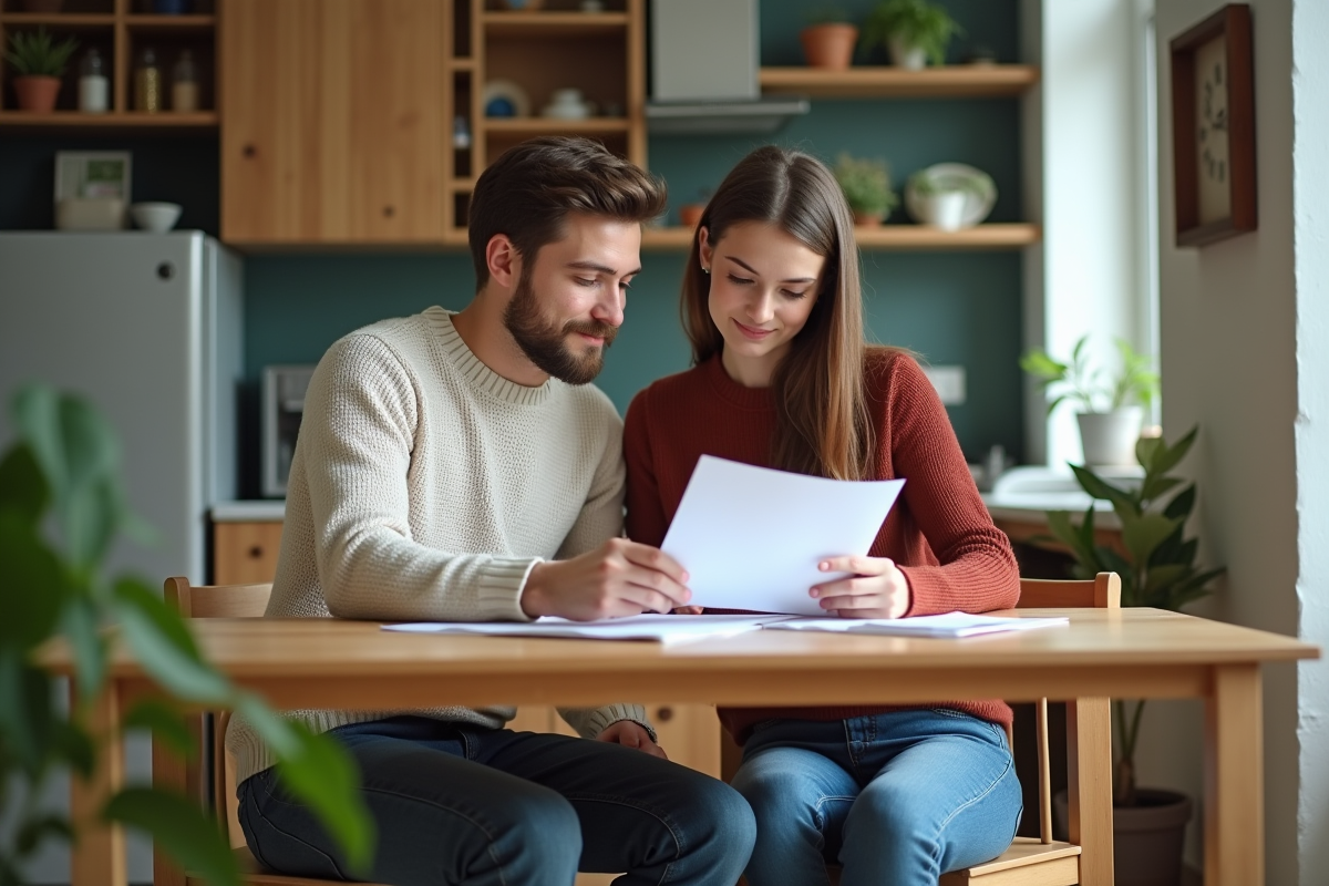 Jeune couple étudiant des documents financiers dans une cuisine lumineuse