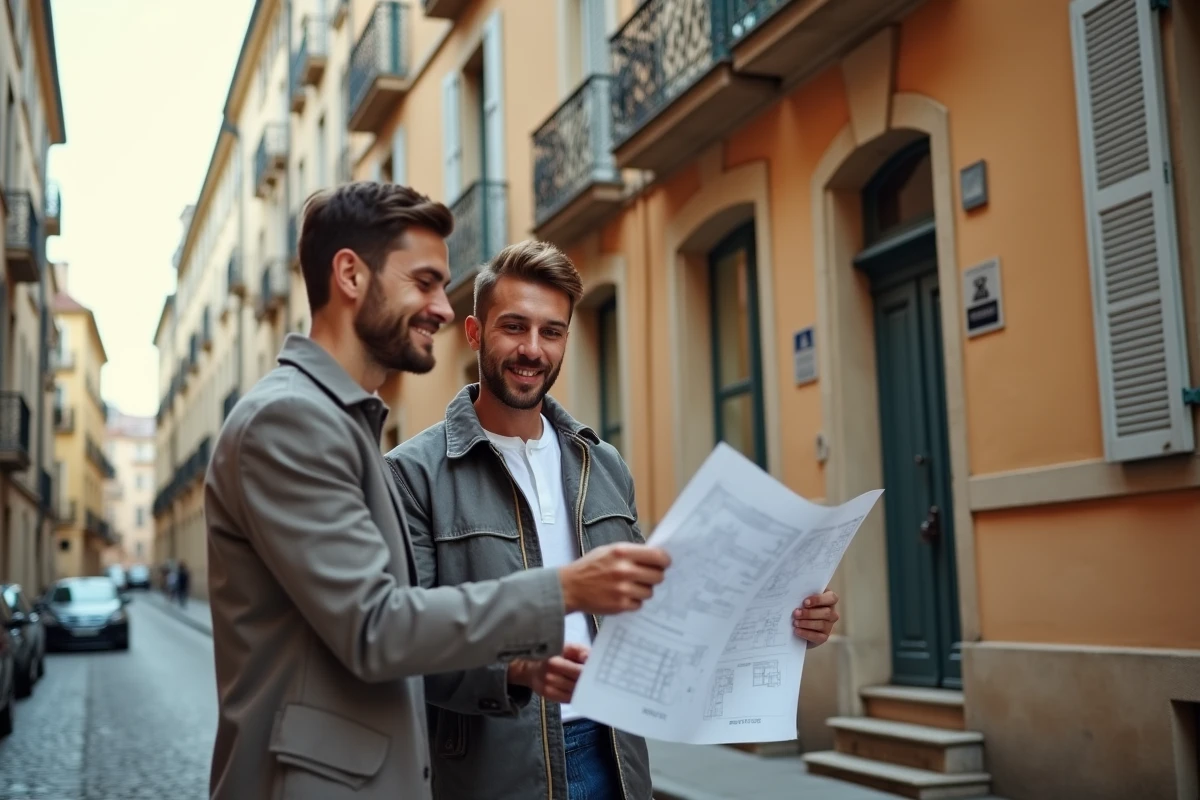 Jeune couple examinant des plans devant un immeuble en pierre typique de Lyon lors d'un premier achat immobilier
