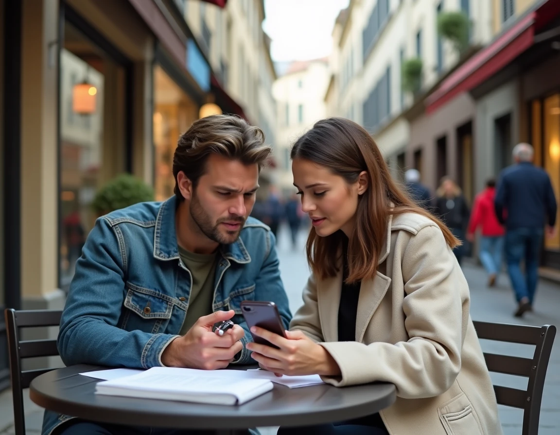 Couple de nouveaux arrivants à Alès consultant des informations sur leur téléphone en terrasse dans une rue commerçante