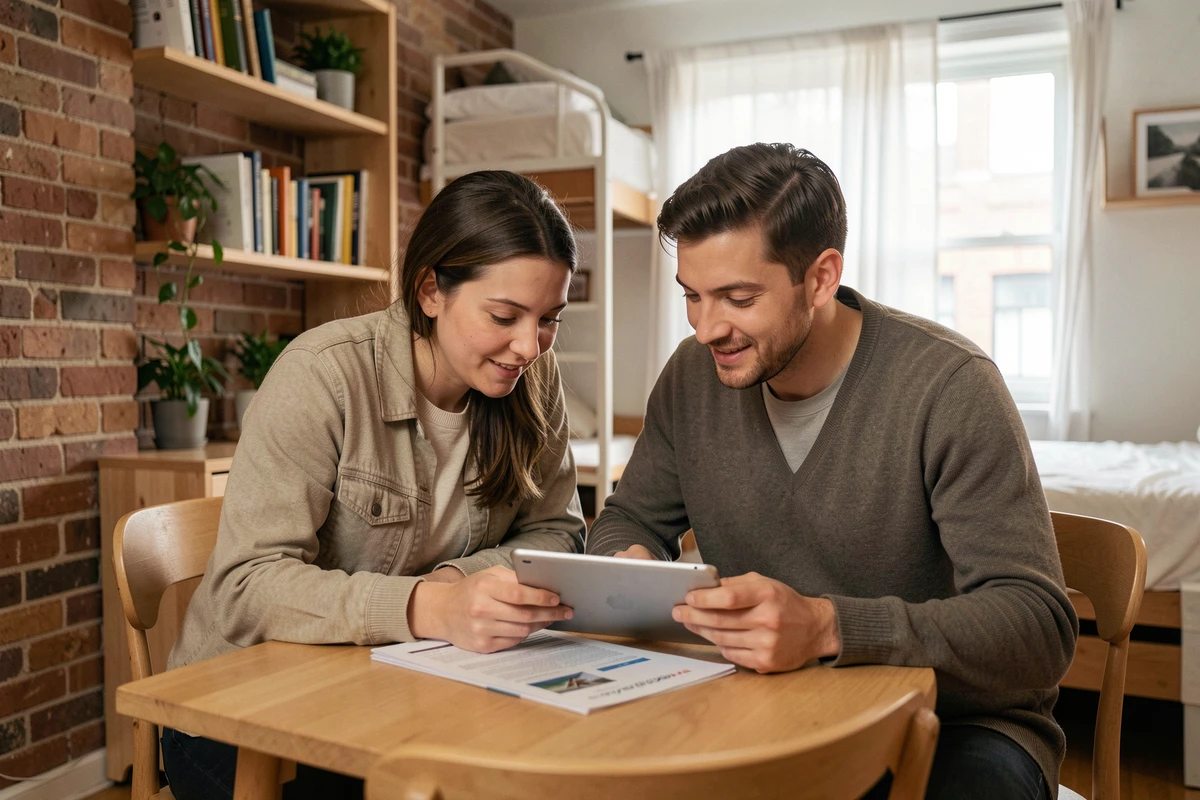 Couple comparant des annonces immobilières pour trouver un studio meublé en ville