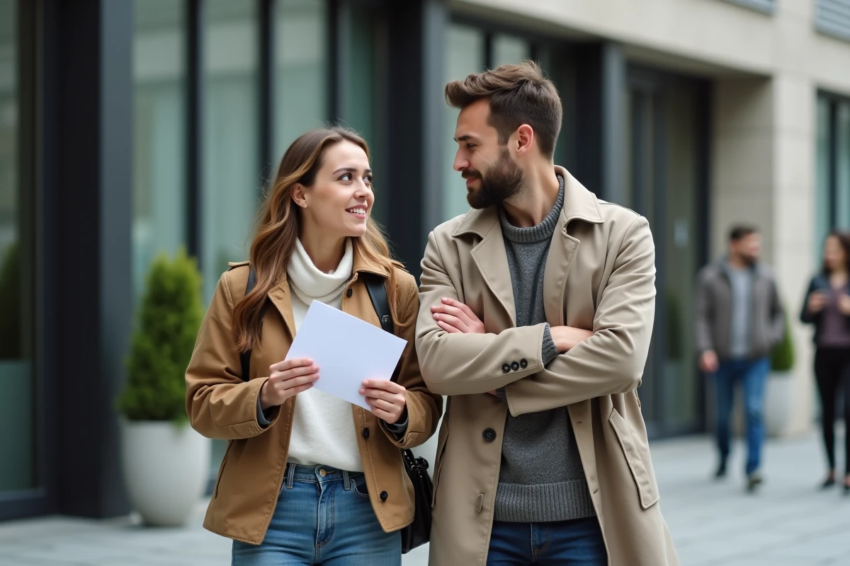 Couple recevant un refus de demande de logement devant un bureau d'habitat social