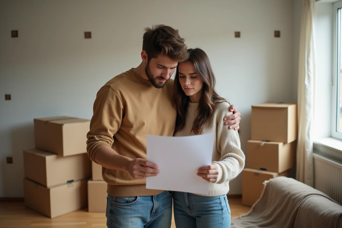 Couple relisant une lettre de préavis dans un appartement en cours de déménagement avec cartons et murs vides