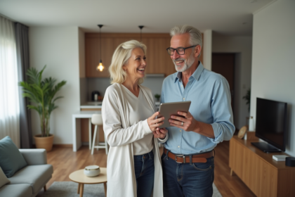 Couple dans un salon rénové discutant avec une tablette
