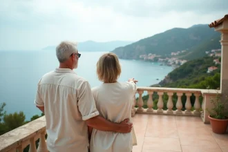 Couple en train d'examiner une maison avec vue sur la mer depuis une terrasse en pierre méditerranéenne