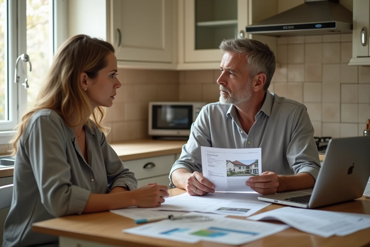 Couple en désaccord autour de documents immobiliers lors d'une vente de maison pour divorce