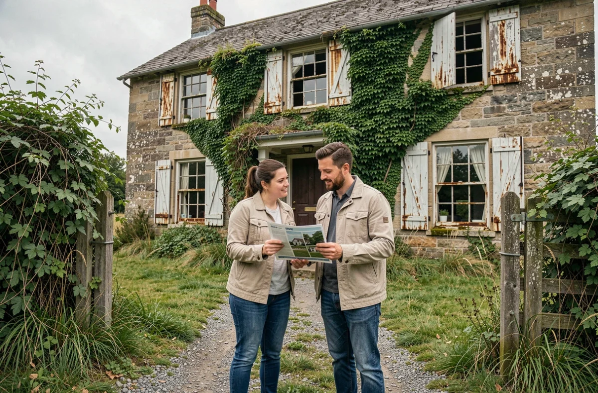 Couple visitant une maison abandonnée en vue d'un achat immobilier en milieu rural