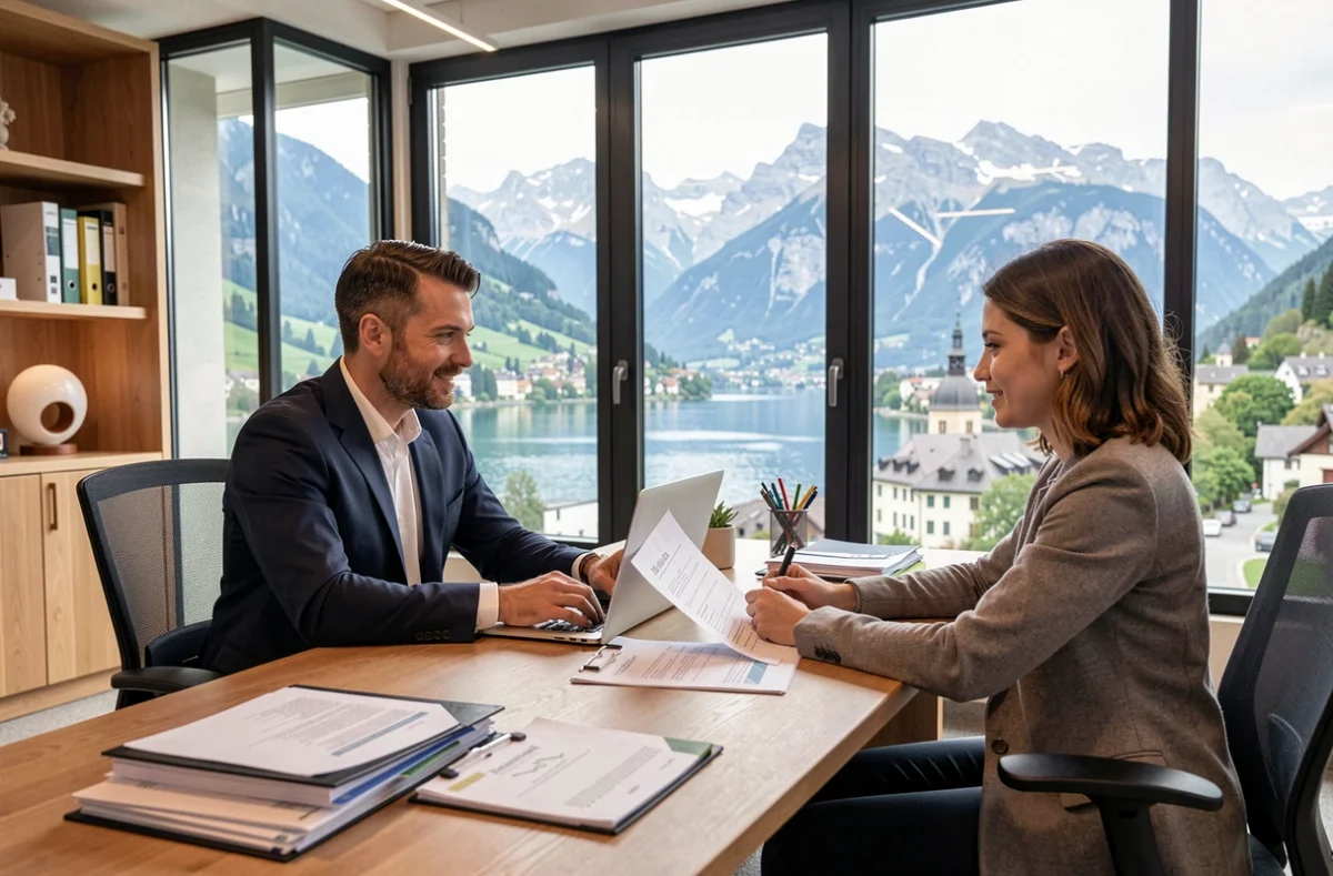 Courtier en prêt immobilier conseillant un couple dans un bureau moderne avec vue sur les Alpes en Haute-Savoie