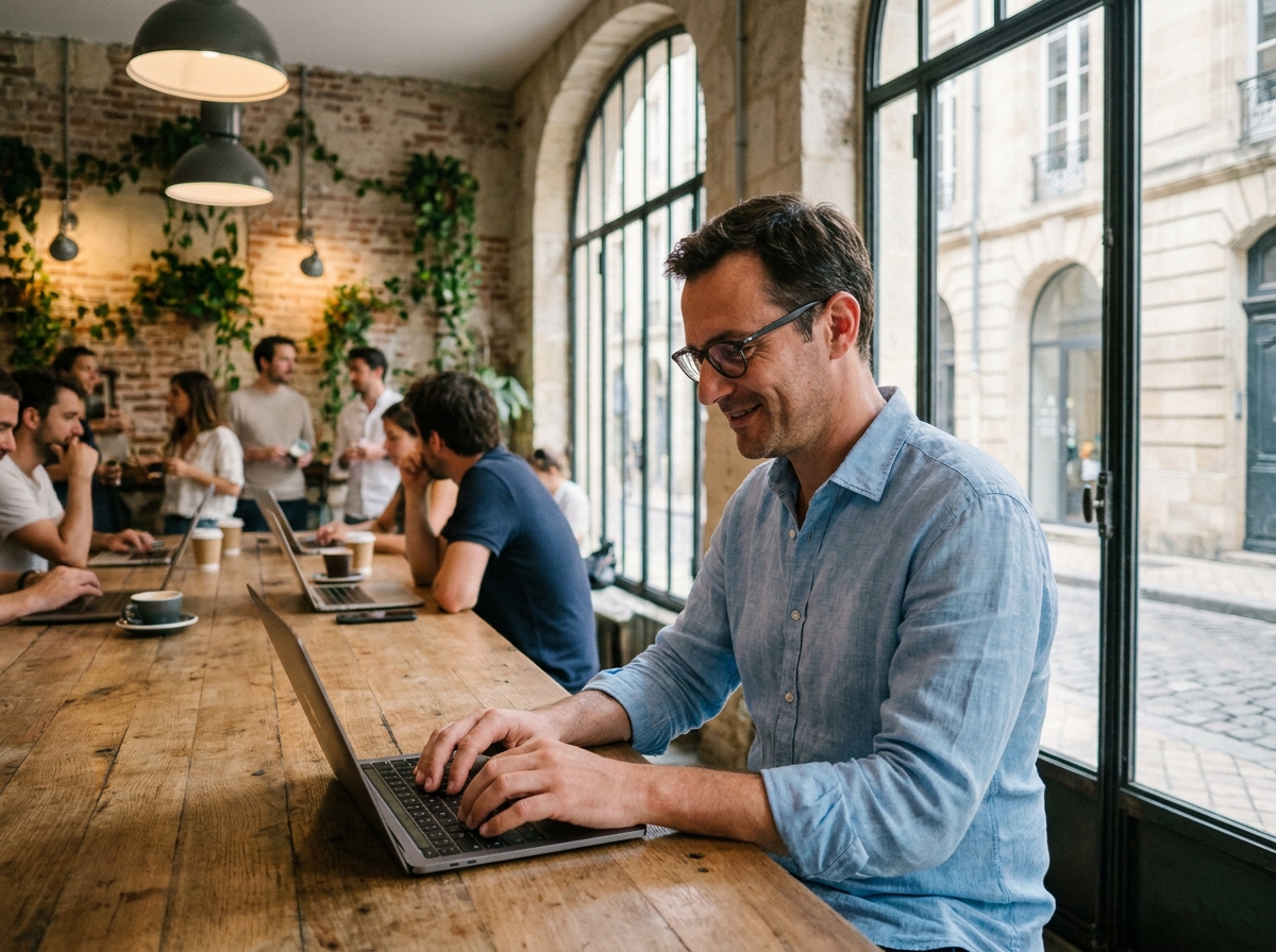 Entrepreneur travaillant dans un espace de coworking chaleureux au cœur de Bordeaux avec architecture de brique rénovée