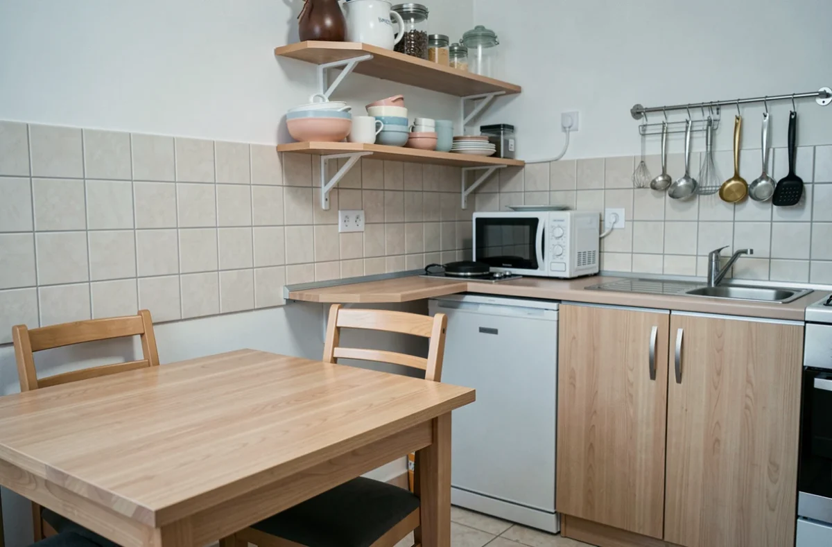 Cuisine et coin repas équipés d'un appartement en location meublée avec table, chaises et équipements de cuisson indispensables