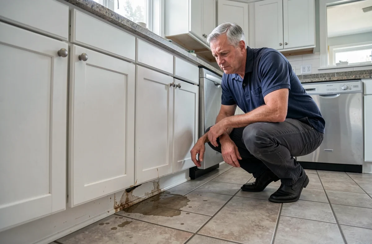 Homme inspectant des dégâts des eaux sur un meuble de cuisine dans le cadre d'un sinistre couvert par l'assurance habitation