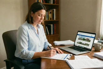 Femme remplissant un dossier de demande de logement social à son bureau avec un ordinateur portable