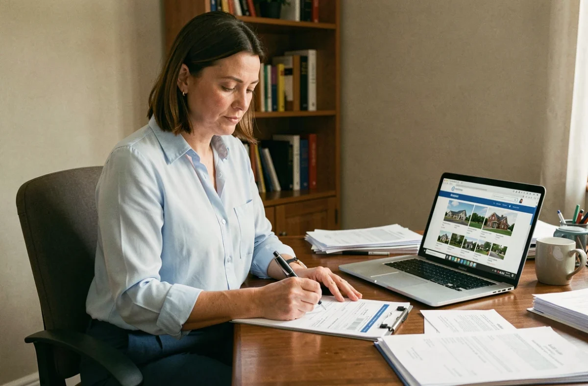 Femme remplissant un dossier de demande de logement social à son bureau avec un ordinateur portable