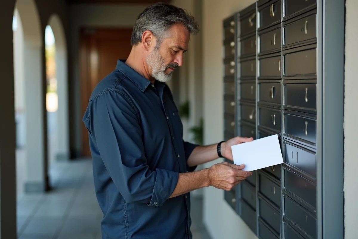 Homme déposant une lettre de préavis dans une boîte aux lettres d'un immeuble résidentiel