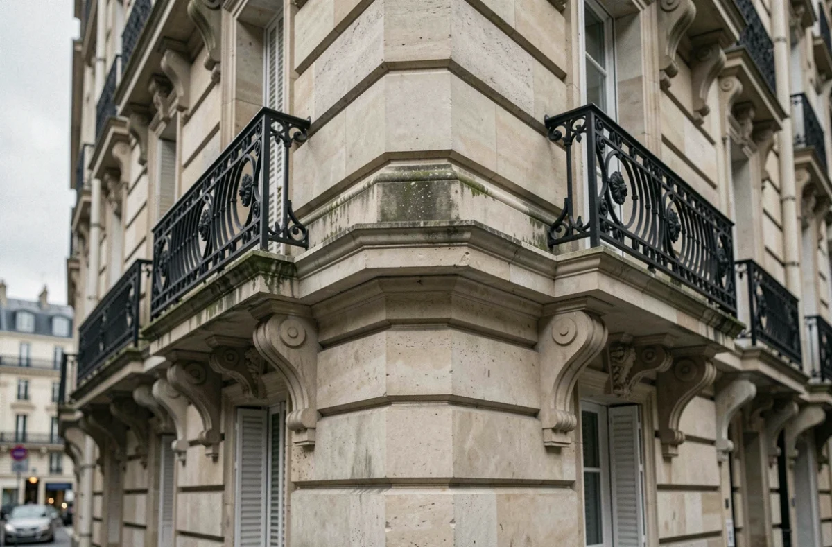 Détail de l'angle arrondi d'un immeuble haussmannien montrant la continuité des corniches et l'alignement des balcons entre deux façades