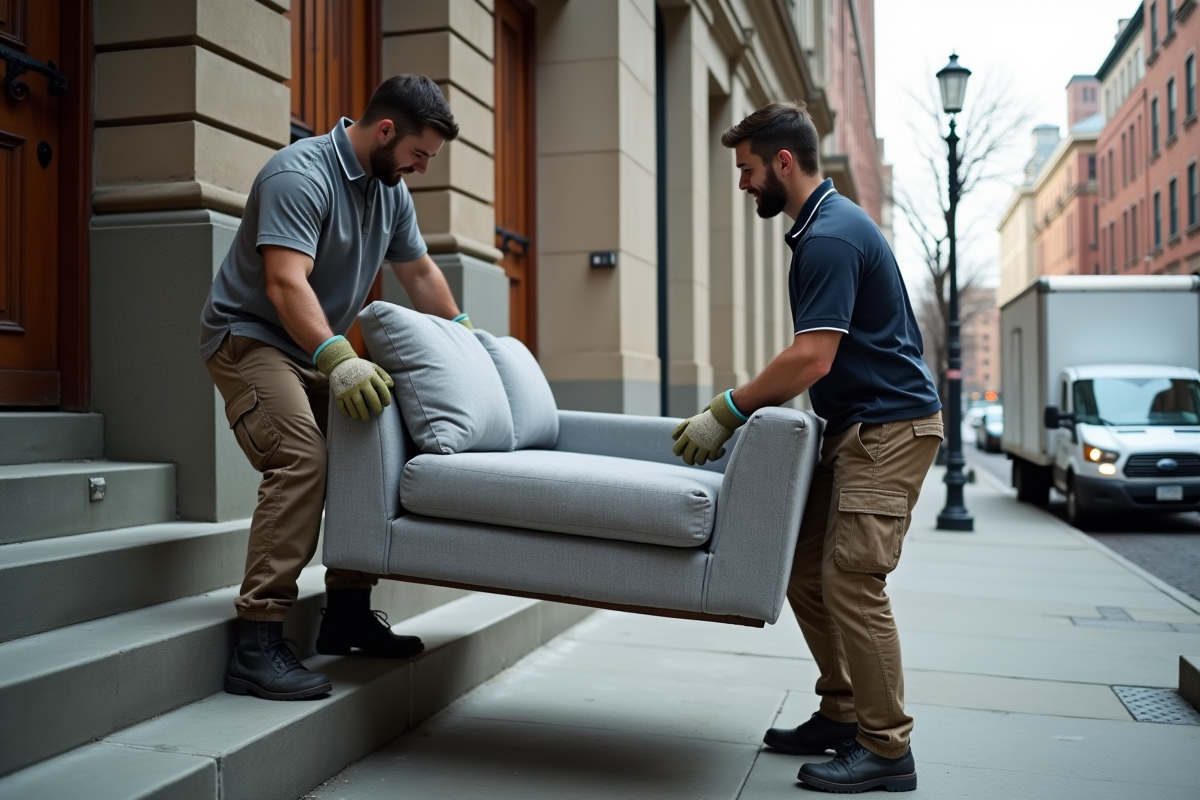 Deux hommes portant un canapé dans la rue pour un déménagement