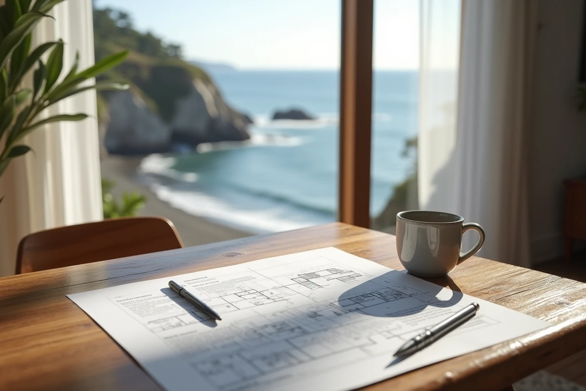 Documents immobiliers à vérifier avant l'achat d'une maison avec vue sur la mer posés sur une table en bois