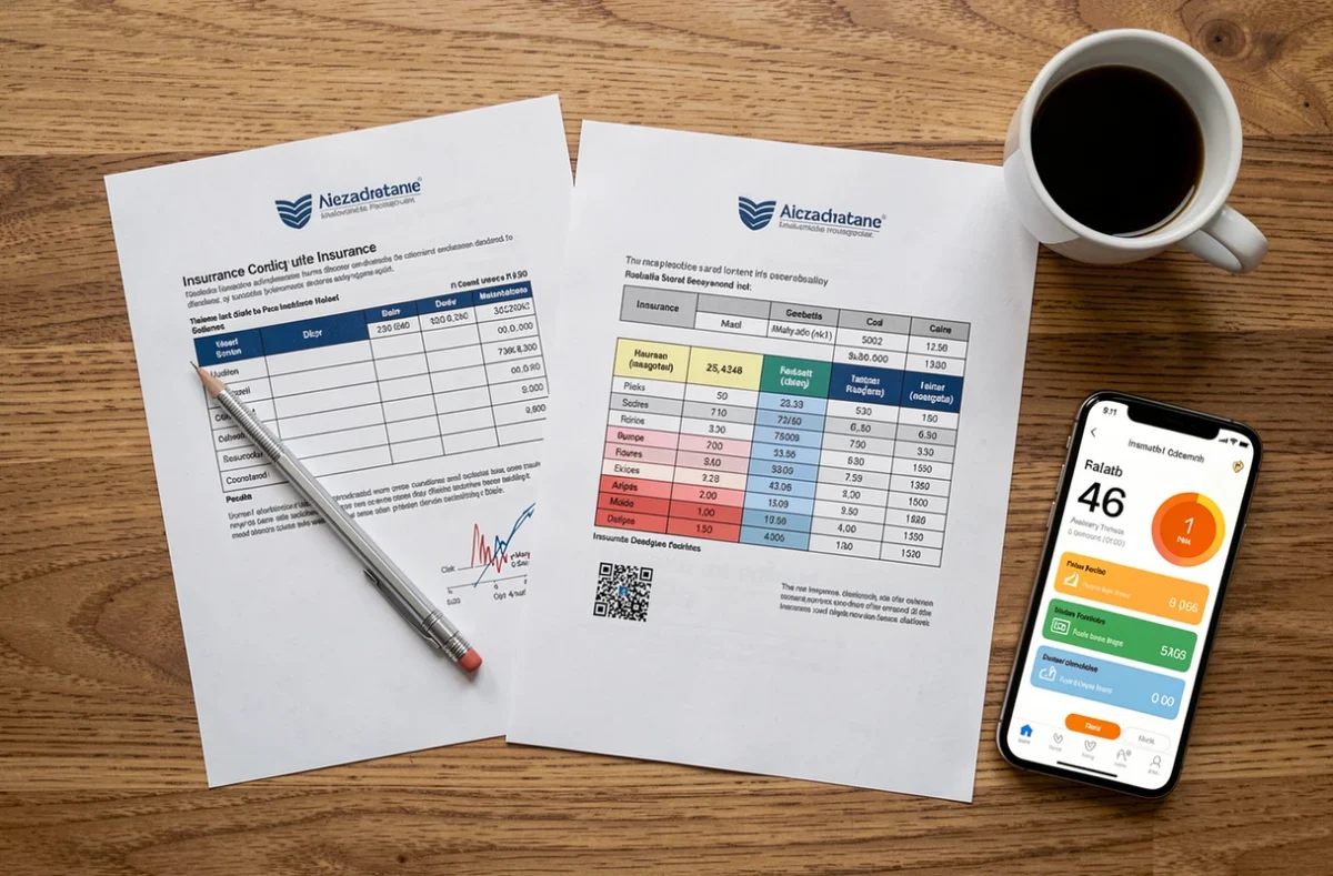 Vue aérienne de documents d'assurance habitation comparés sur un bureau en bois avec un café