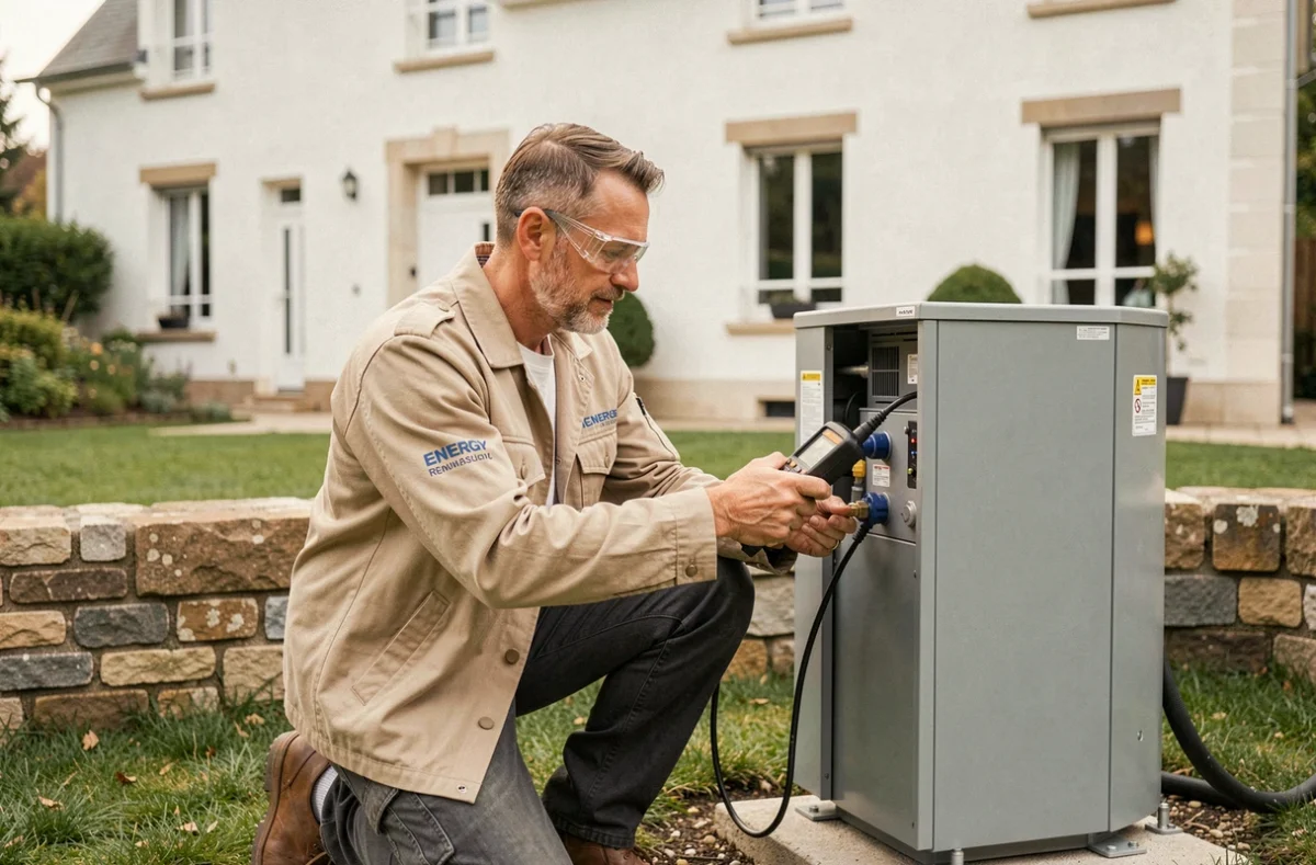 Technicien Dorémi vérifiant l'installation d'une pompe à chaleur dans le jardin d'une maison française