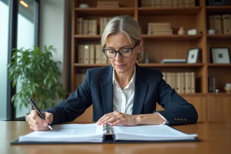 Professionnelle de l'immobilier consultant le dossier ERRIAL d'une copropriété pour une vente
