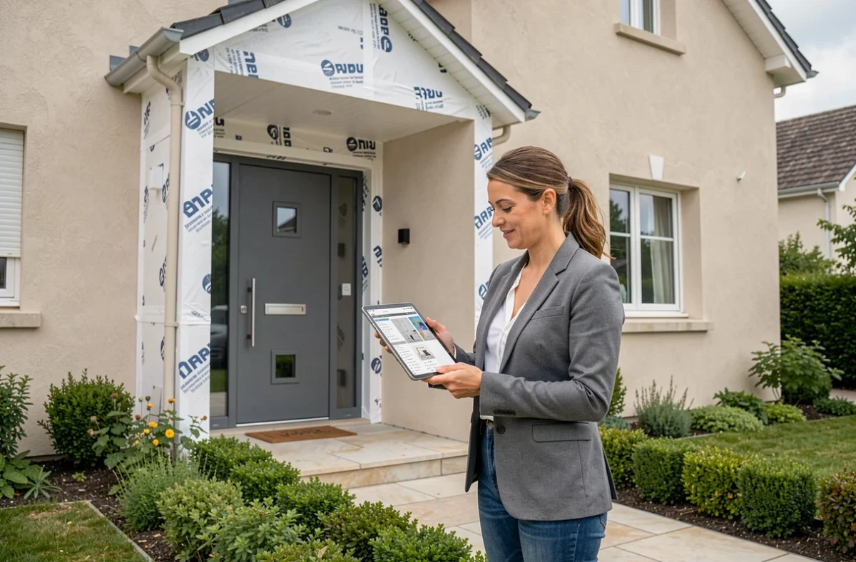 Chef de projet Effy devant une maison rénovée en Centre-Val de Loire avec isolation extérieure moderne