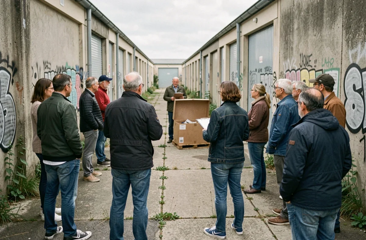 Groupe de personnes participant à une vente aux enchères de box abandonnés devant un garde-meuble en France