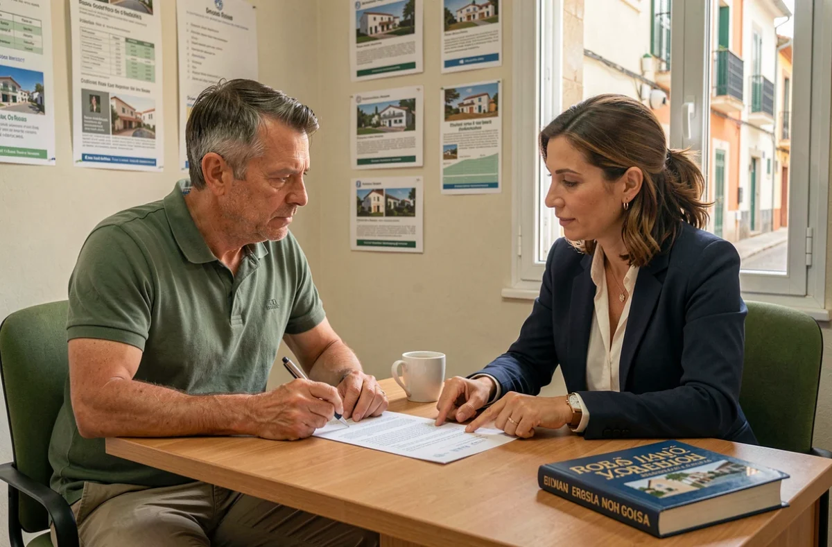 Acheteur francophone en train de signer un contrat immobilier en espagnol avec une agente immobilière dans une agence à Rosas